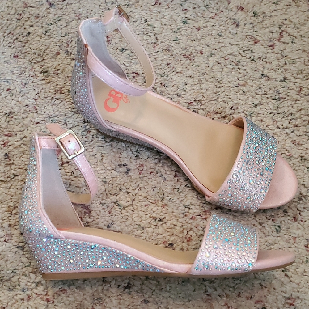 GB Girls Rhinestone Pink Wedge Heals
